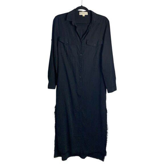 Cloth & Stone Midi Shirt Dress Frayed Hem Pockets Button Up Long Sleeve Black S - Picture 15 of 15